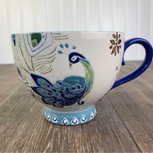 Dutch Wax Coastline Imports Hand Painted Peacock Tea Coffee Mug Oversized 3.5"